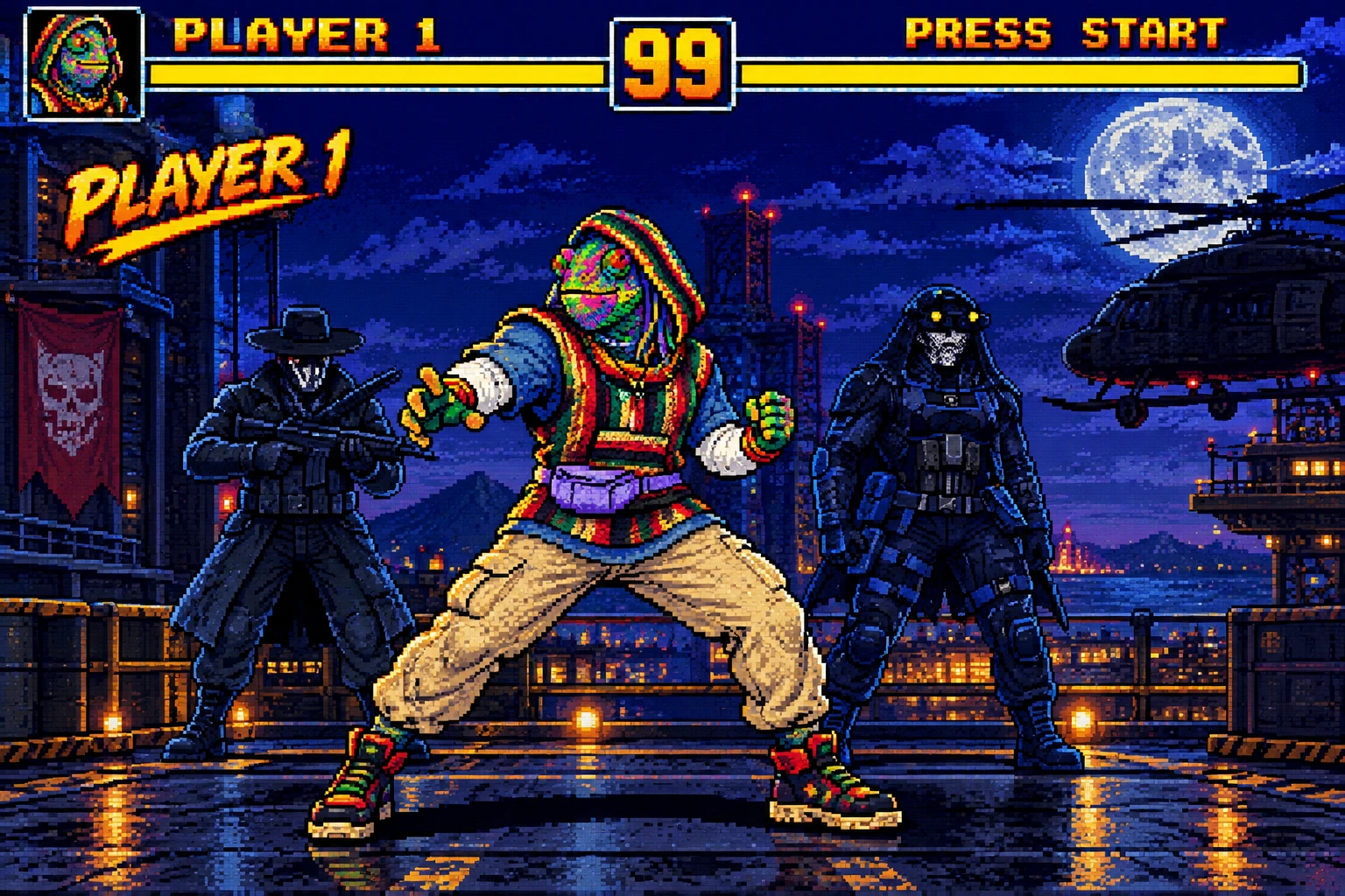 Keeble Gaming arcade artwork: a colorful iguana fighter takes center stage between two masked squadmates under a moonlit blue sky. Player 1 and Press Start appear above.